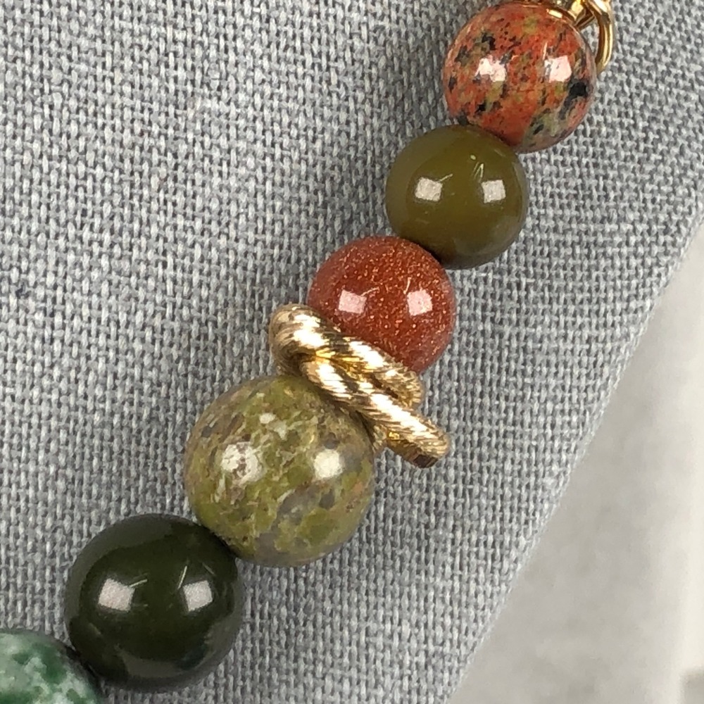 Natural Stone Beads Jewelry Set Unakite Green Jasper Goldstone Gold Tone Spacers - Picture 6 of 11